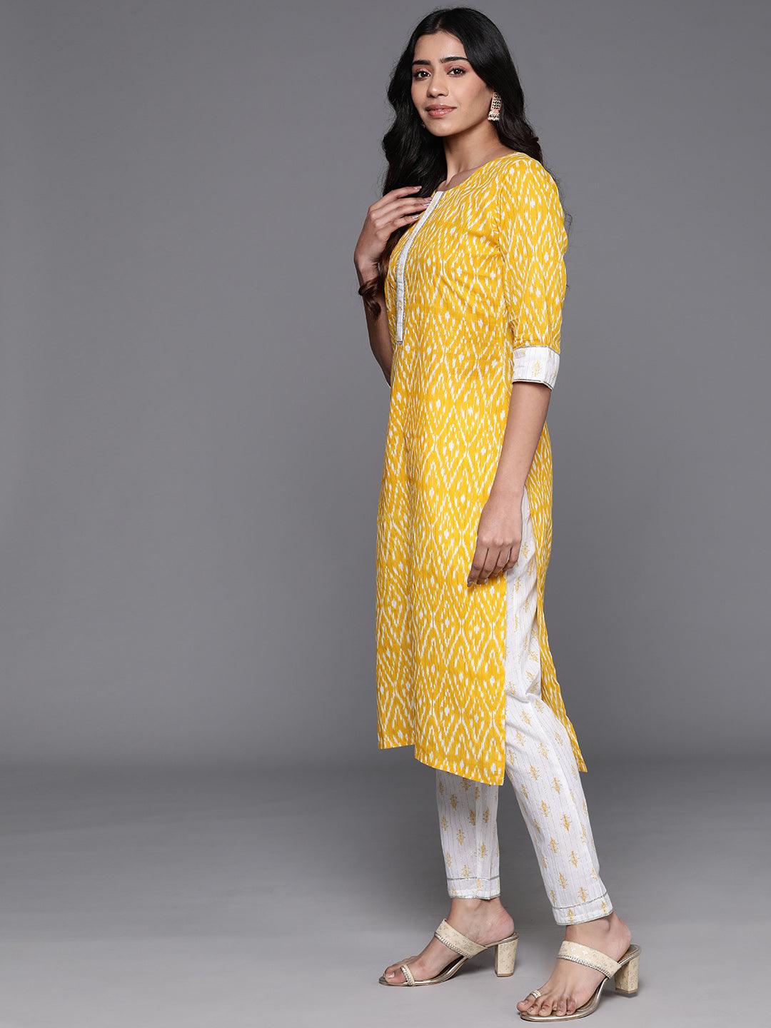 Yellow Printed Cotton Straight Kurta With Trousers & Dupatta - Libas