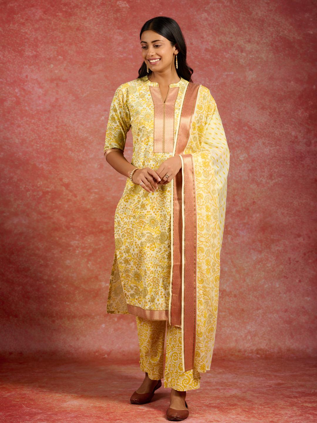 Yellow Printed Cotton Straight Kurta With Trousers & Dupatta - Libas 