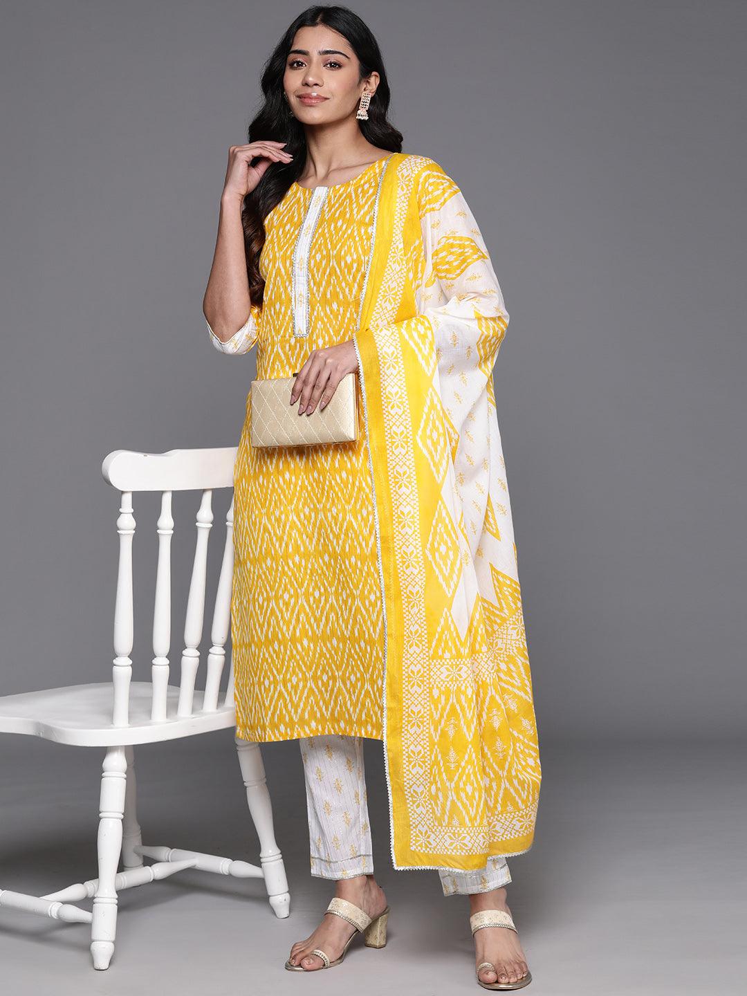 Yellow Printed Cotton Straight Kurta With Trousers & Dupatta - Libas 