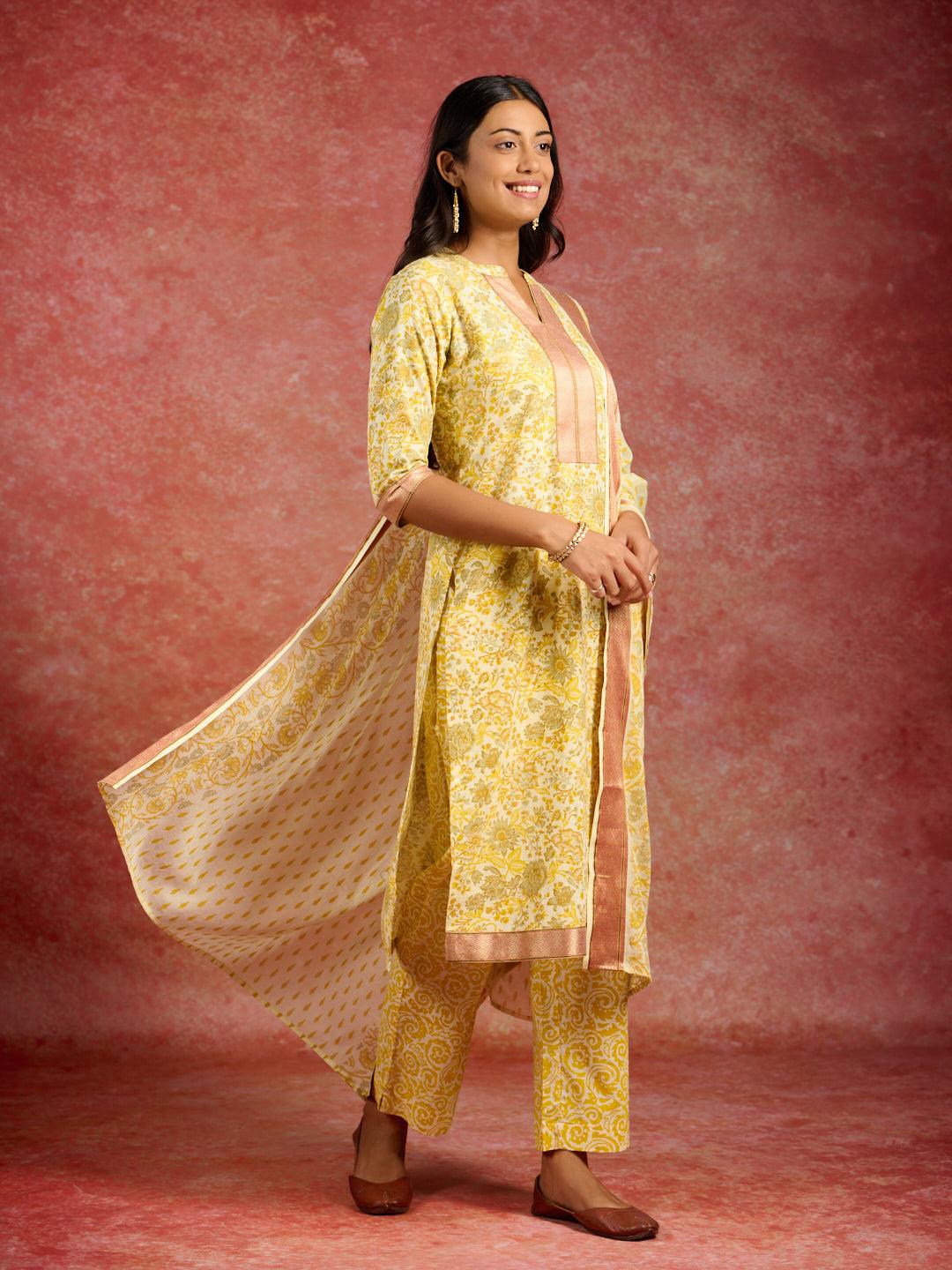 Yellow Printed Cotton Straight Kurta With Trousers & Dupatta - Libas 