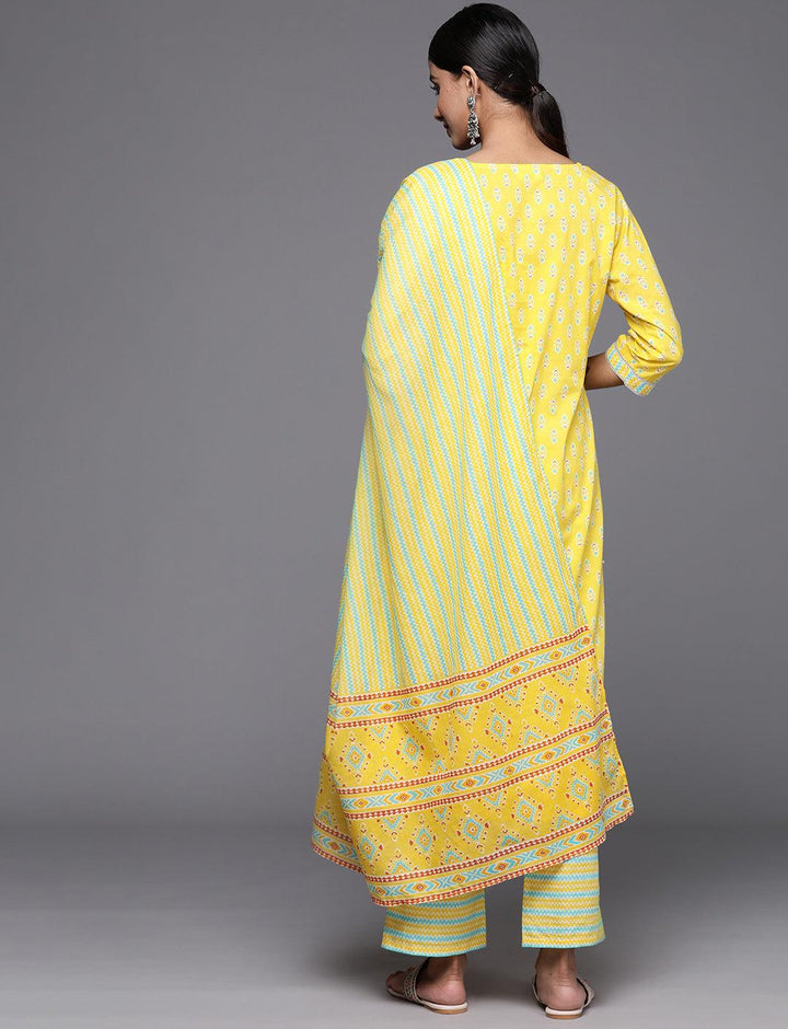 Yellow Printed Cotton Straight Kurta With Trousers & Dupatta - Libas