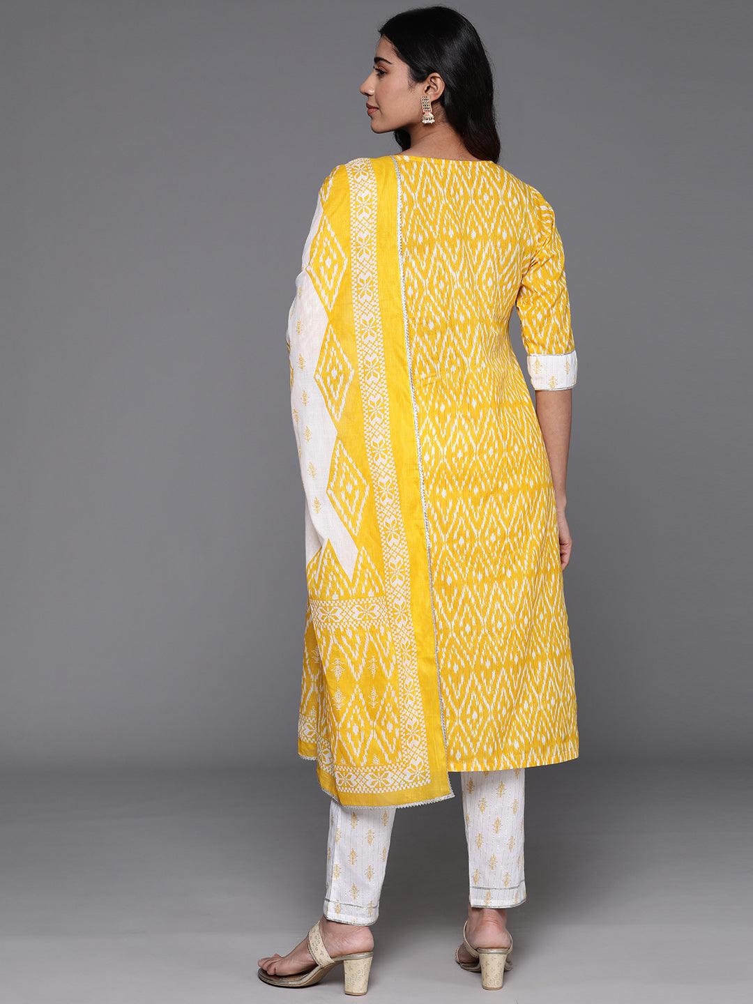 Yellow Printed Cotton Straight Kurta With Trousers & Dupatta - Libas 