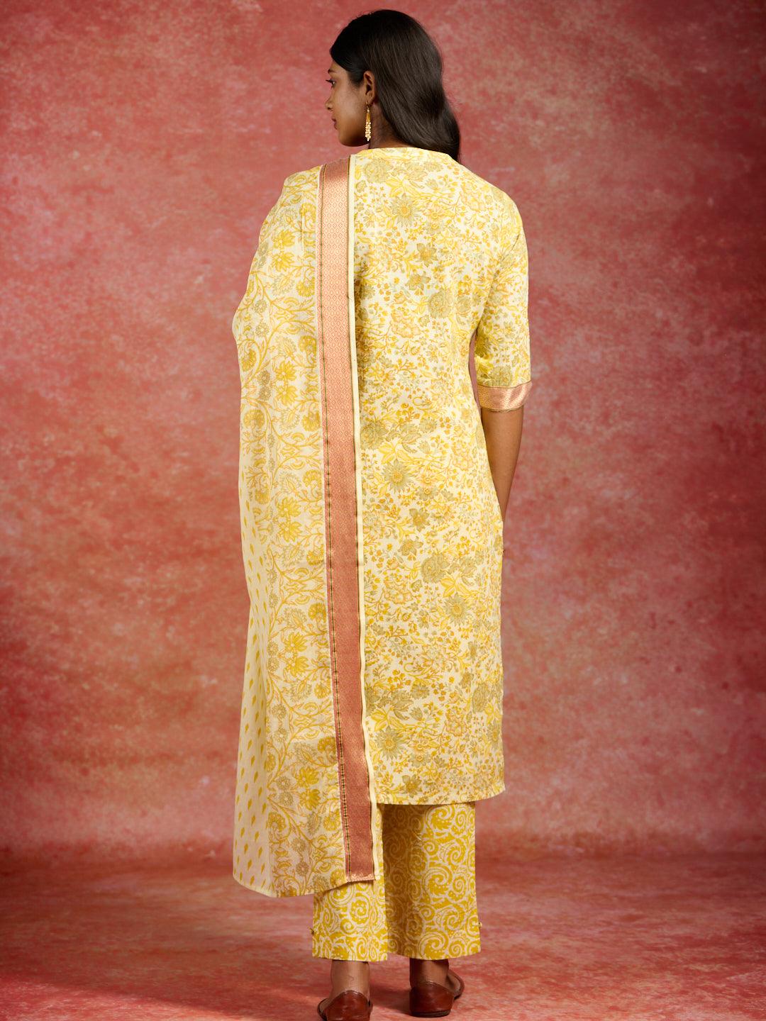 Yellow Printed Cotton Straight Kurta With Trousers & Dupatta - Libas