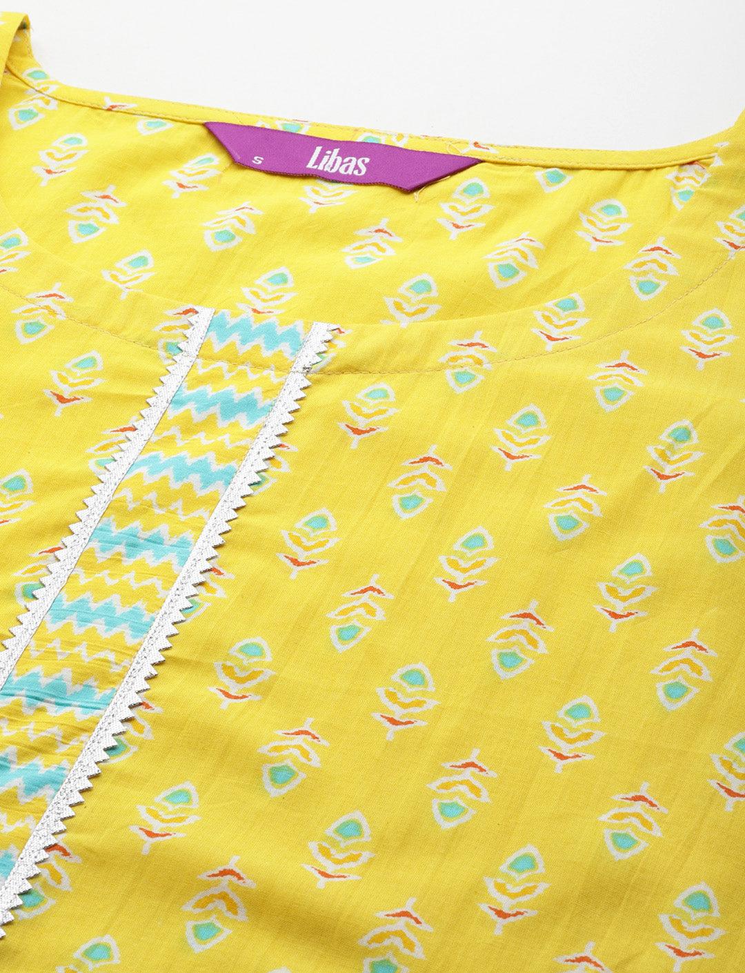 Yellow Printed Cotton Straight Kurta With Trousers & Dupatta - Libas