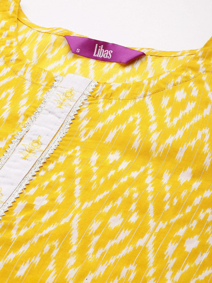 Yellow Printed Cotton Straight Kurta With Trousers & Dupatta - Libas