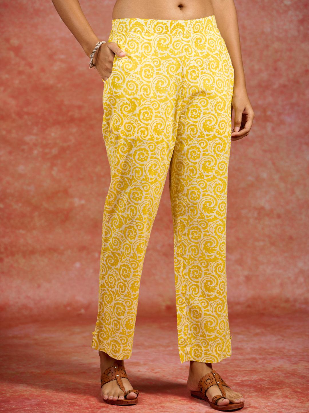 Yellow Printed Cotton Straight Kurta With Trousers & Dupatta - Libas