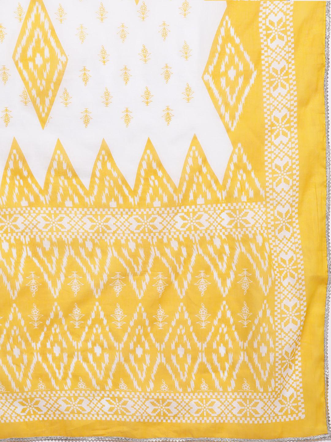 Yellow Printed Cotton Straight Kurta With Trousers & Dupatta - Libas