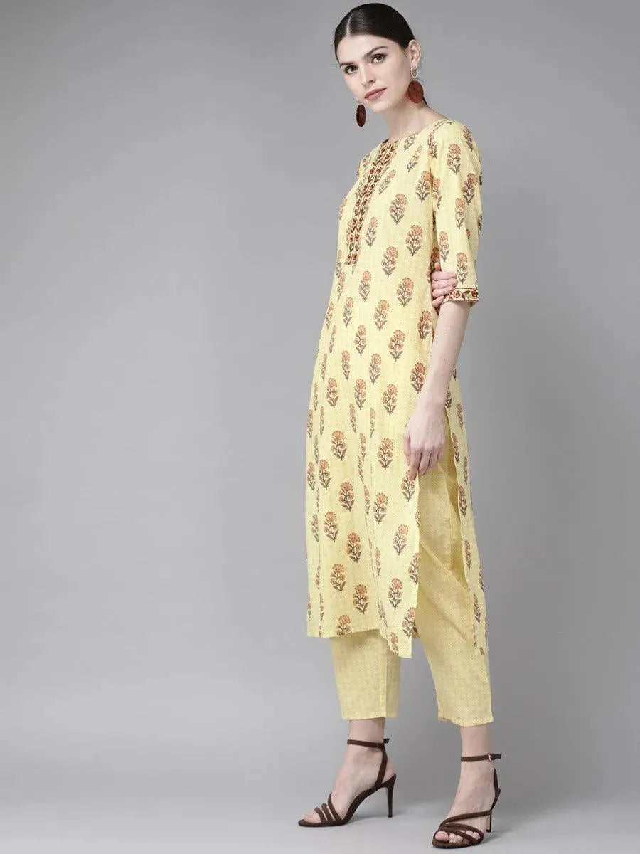 

Yellow Printed Cotton Straight Kurta With Trousers