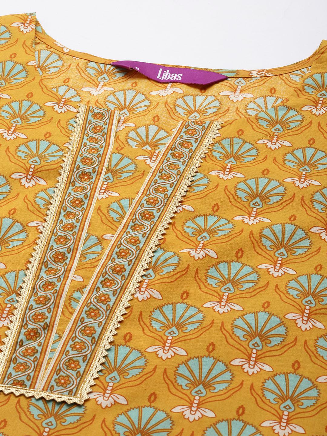 Yellow Printed Cotton Straight Kurta With Trousers