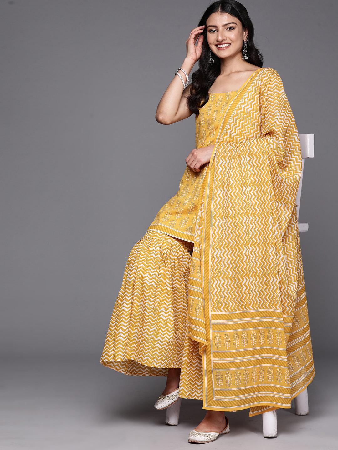 Yellow Printed Cotton Straight Suit Set With Sharara - Libas