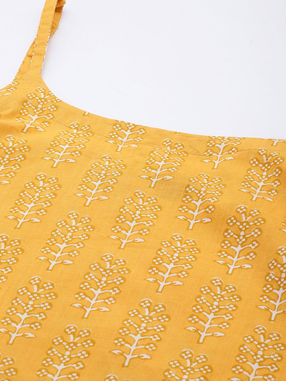 Yellow Printed Cotton Straight Kurti With Sharara & Dupatta