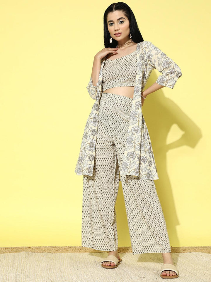 Yellow Printed Cotton Top With Palazzos & Shrug - Libas