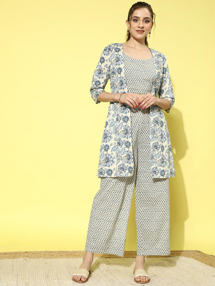 Yellow Printed Cotton Top With Palazzos & Shrug - Libas