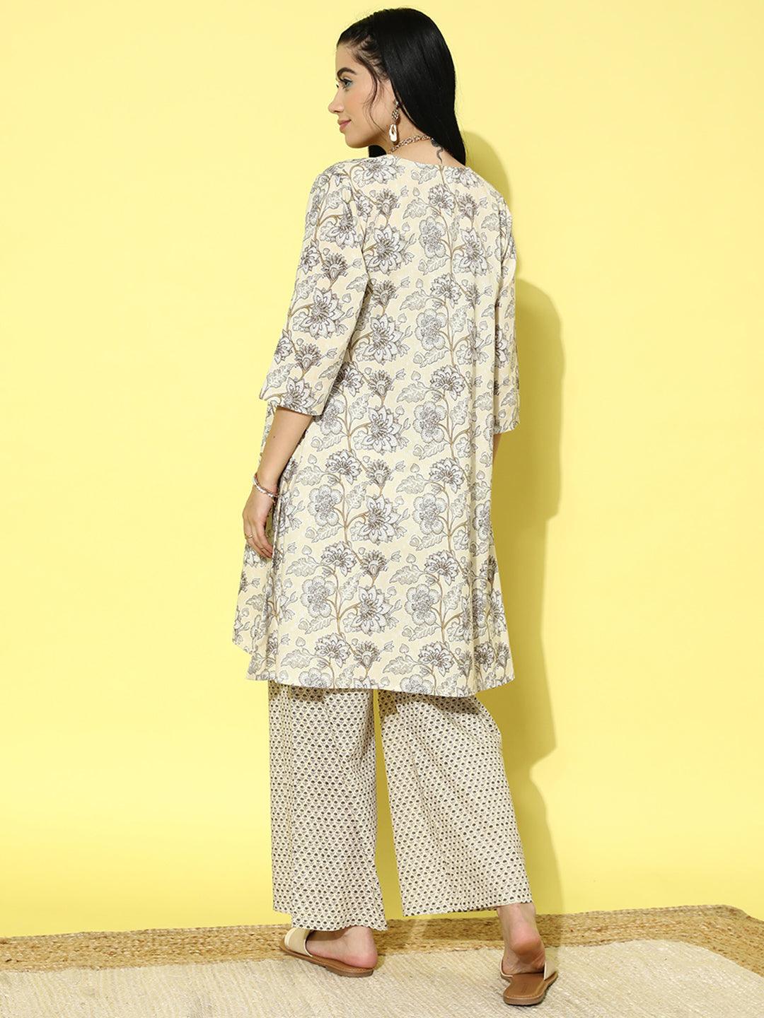 Yellow Printed Cotton Top With Palazzos & Shrug - Libas