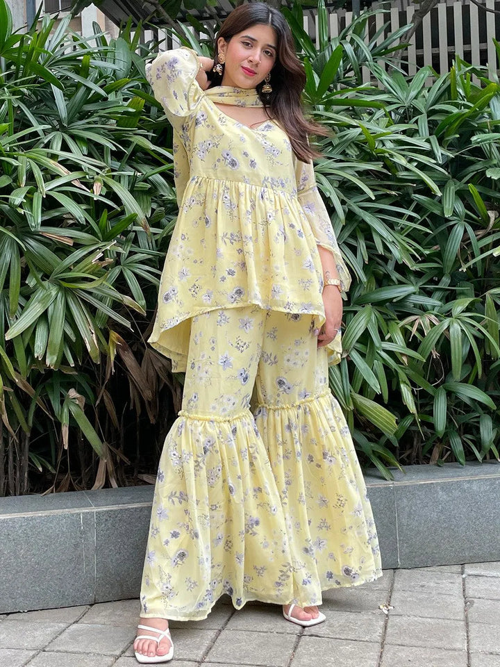 Yellow Printed Georgette A-Line Suit Set - Libas