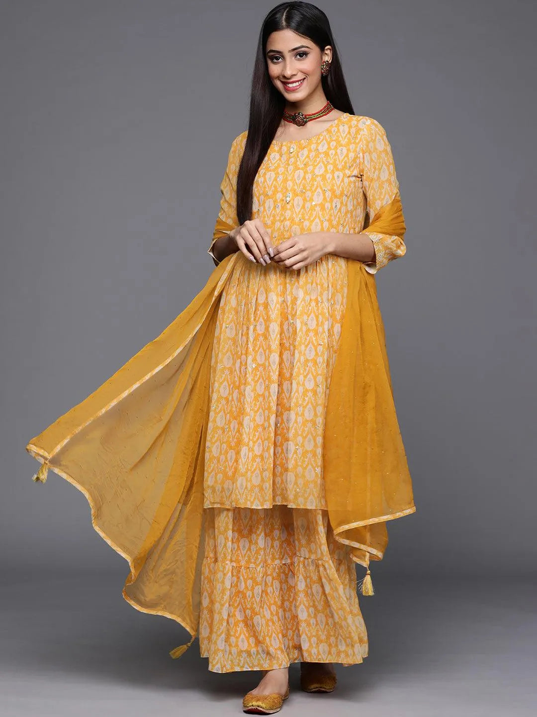 Buy Yellow Printed Georgette A-Line Kurta With Sharara & Dupatta ...