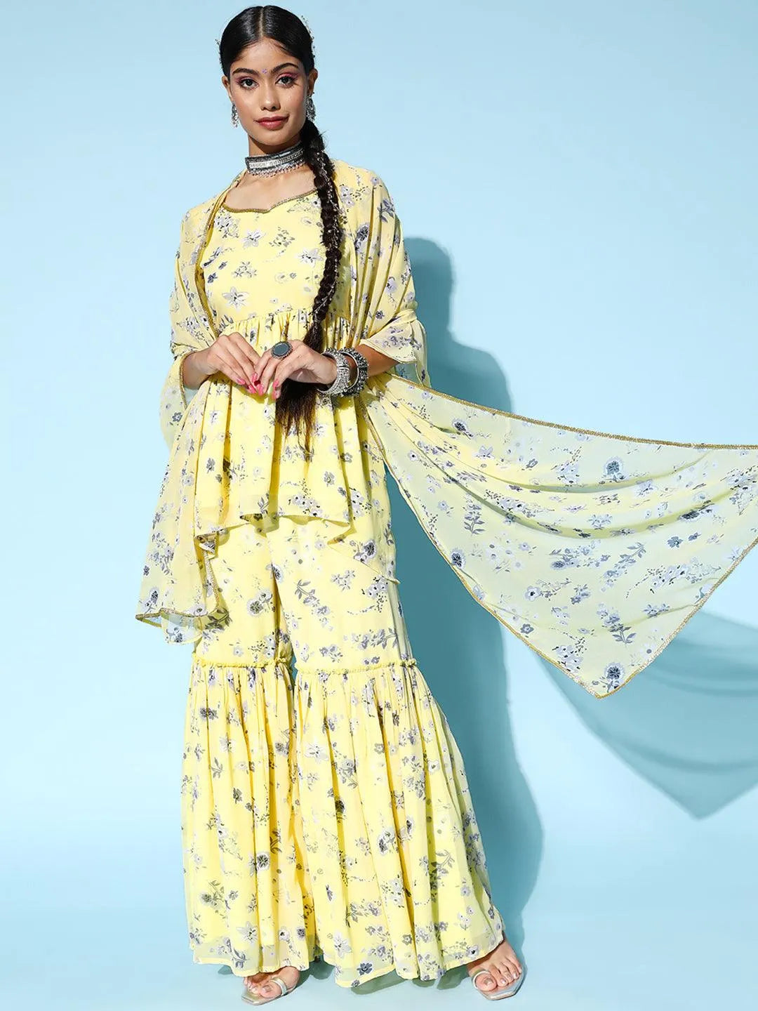 Yellow Printed Georgette A-Line Suit Set - Libas 