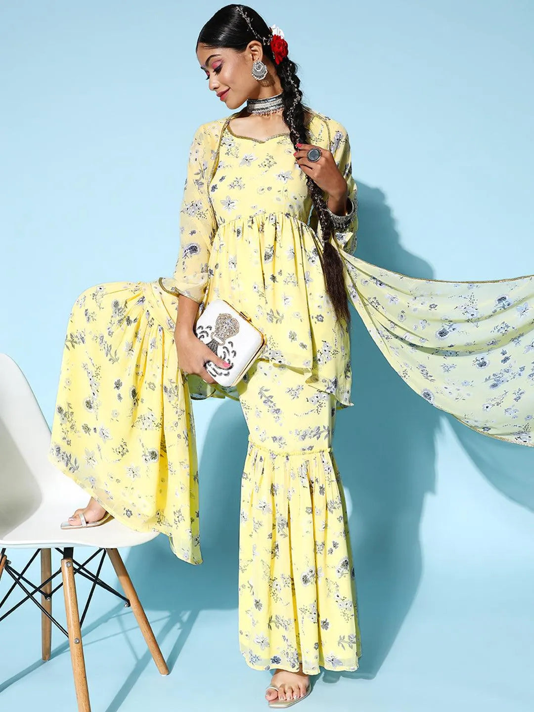 Yellow Printed Georgette A-Line Suit Set - Libas 