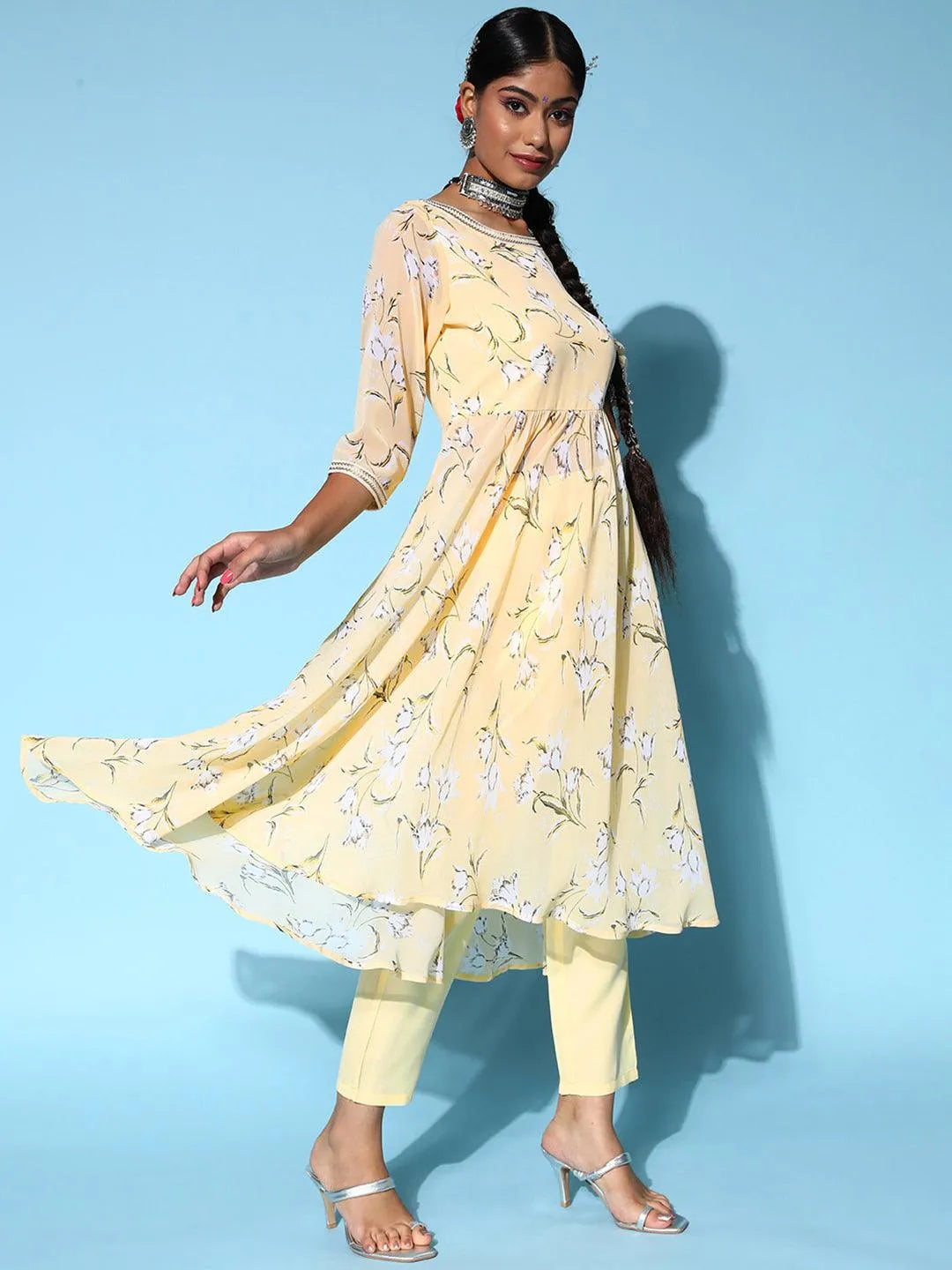 Yellow Printed Georgette Anarkali Suit Set - Libas 