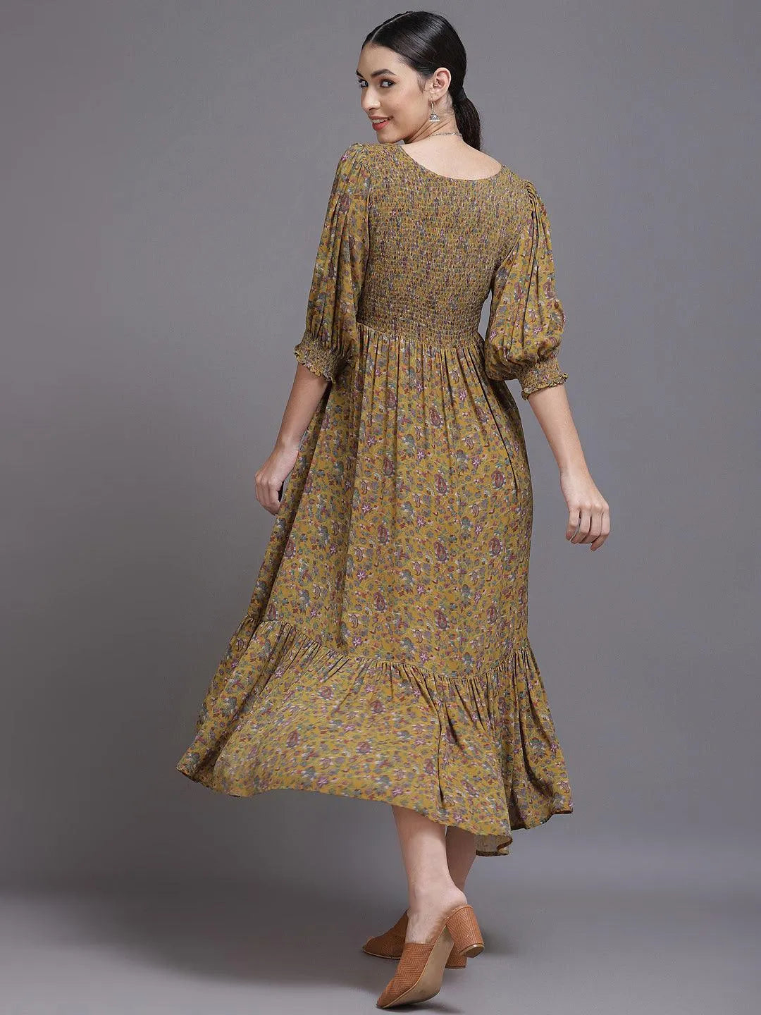 Yellow Printed Georgette Dress - Libas 