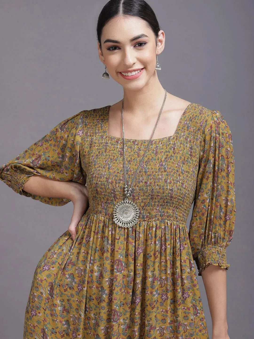 Yellow Printed Georgette Dress - Libas 