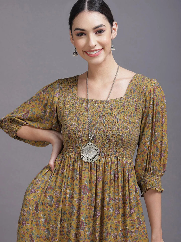 Yellow Printed Georgette Dress - Libas