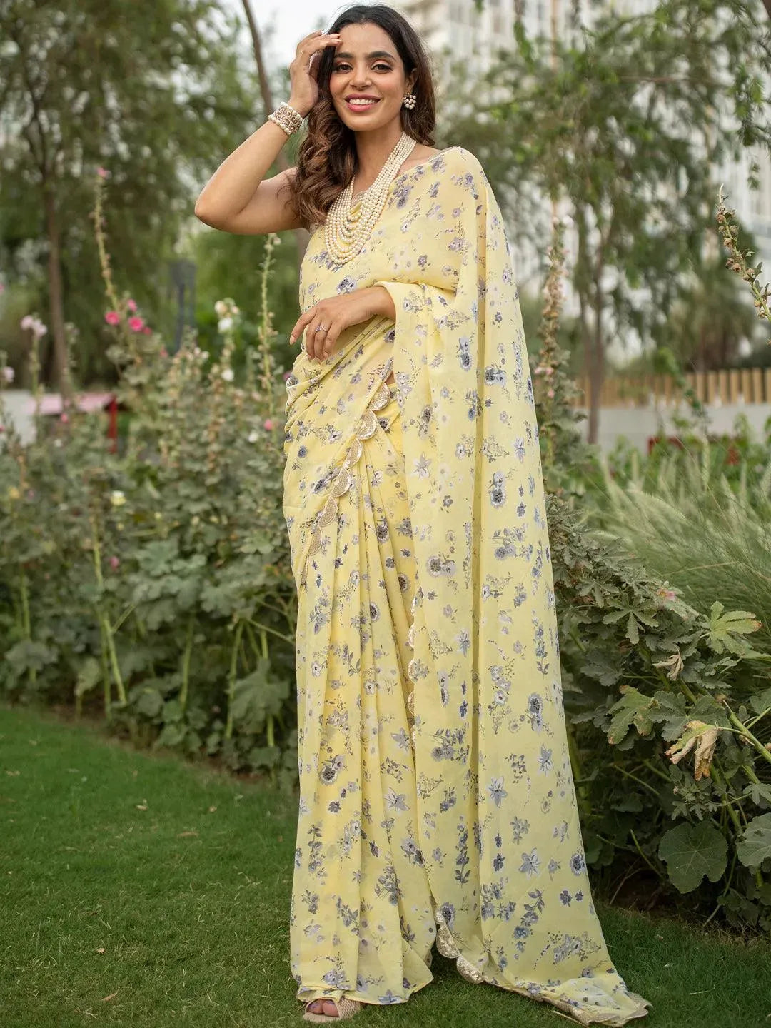 

Buy YYellow Printed Georgette Saree- 33369O- | Libas Ethnic Wear Online