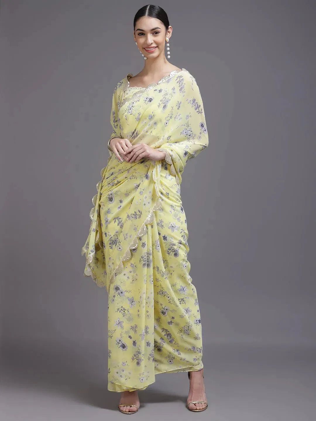 

Buy YYellow Printed Georgette Saree- 33369O-XS | Libas Ethnic Wear Online