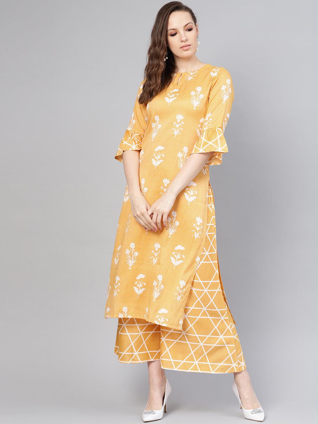 Yellow Printed Linen Kurta Set - Libas