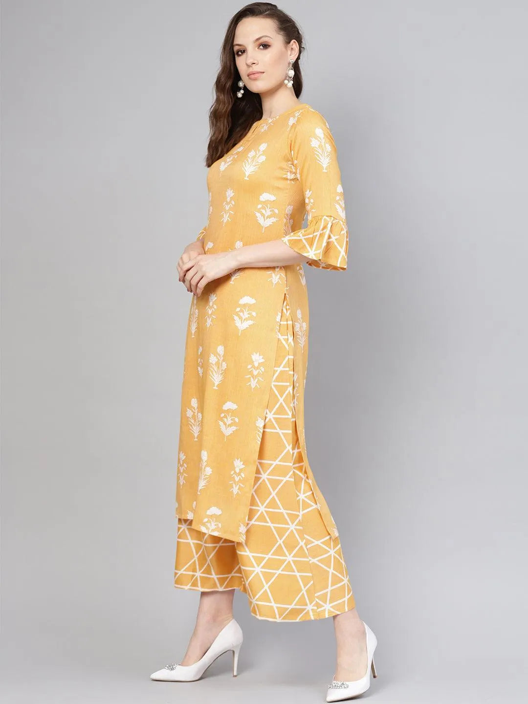 Yellow Printed Linen Kurta Set - Libas