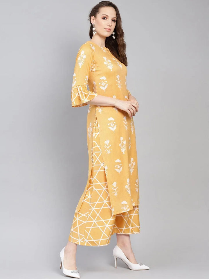 Yellow Printed Linen Kurta Set - Libas