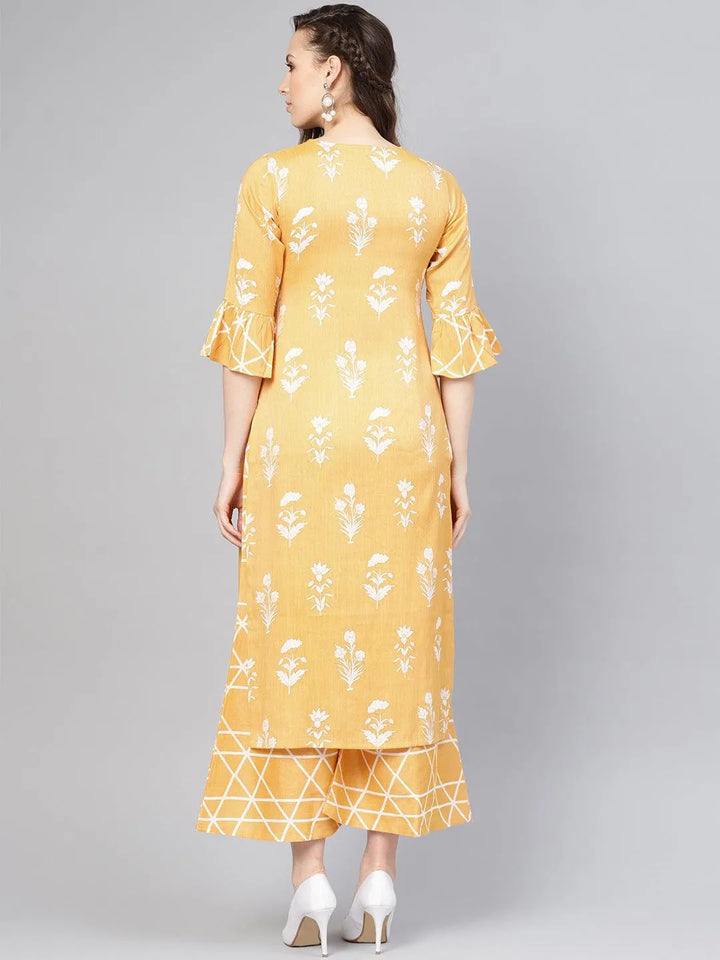 Yellow Printed Linen Kurta Set - Libas