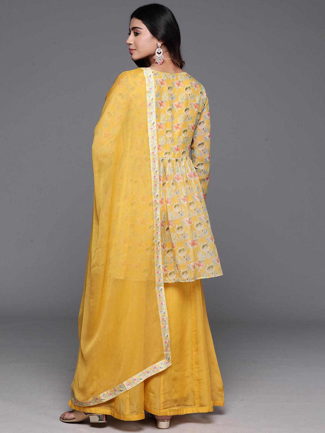 Yellow Printed Organza A-Line Kurta With Palazzos & Dupatta - Libas