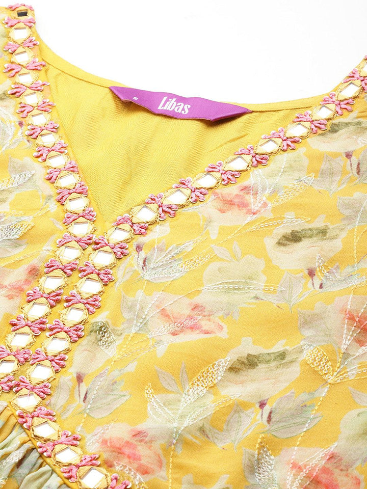 Yellow Printed Organza A-Line Kurta With Palazzos & Dupatta - Libas