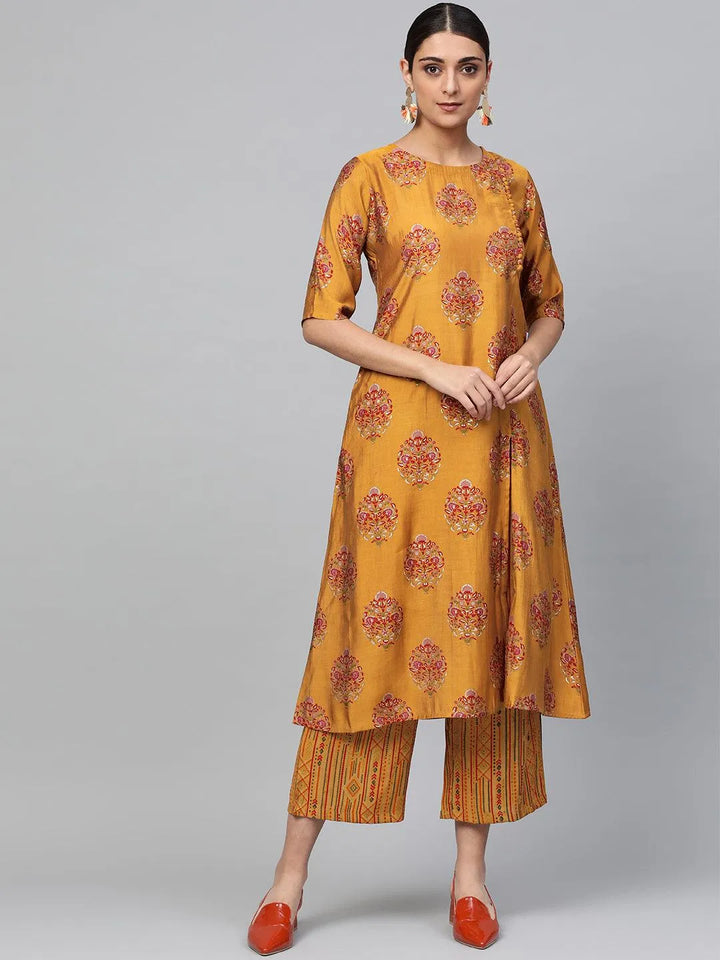 Yellow Printed Polyester Kurta Set - Libas