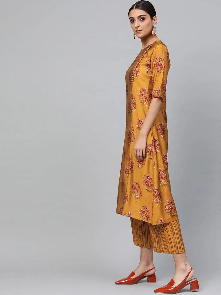 Yellow Printed Polyester Kurta Set - Libas