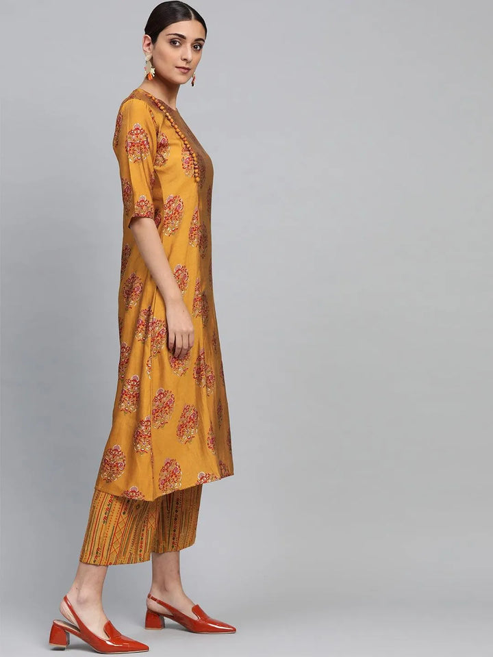 Yellow Printed Polyester Kurta Set - Libas