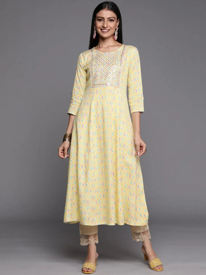 Yellow Printed Rayon A-Line Kurta - Libas