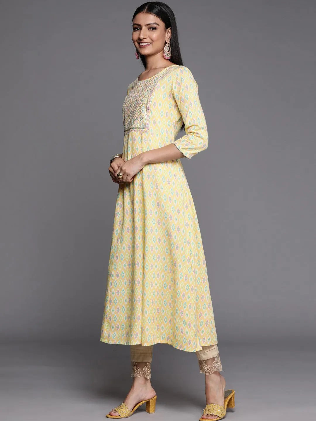 Yellow Printed Rayon A-Line Kurta - Libas