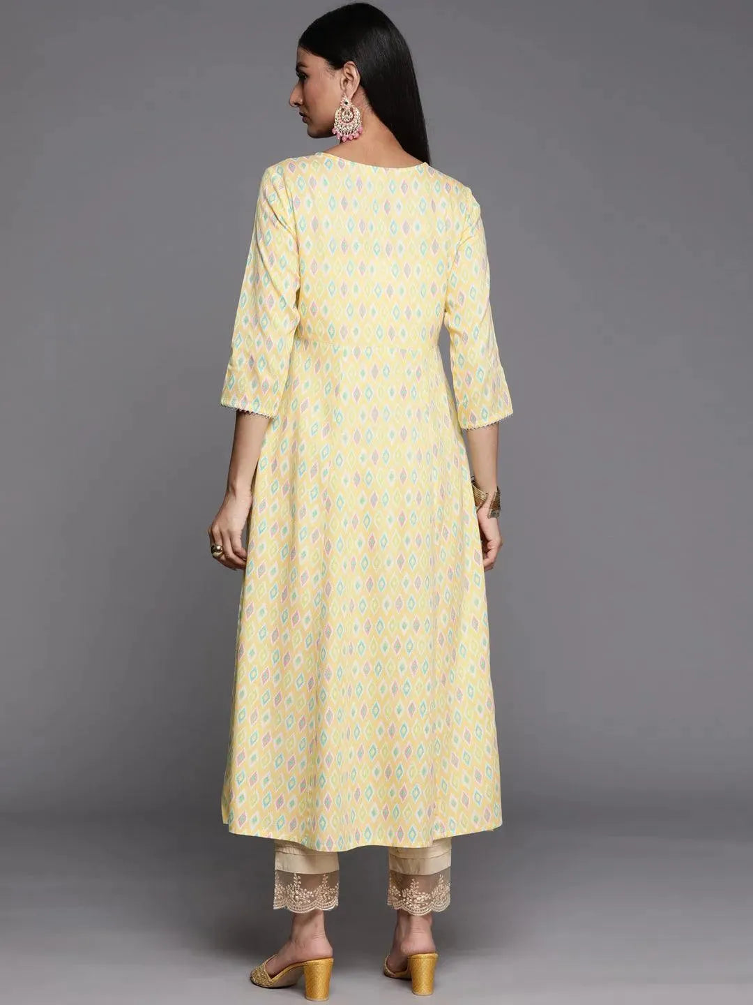 Yellow Printed Rayon A-Line Kurta - Libas