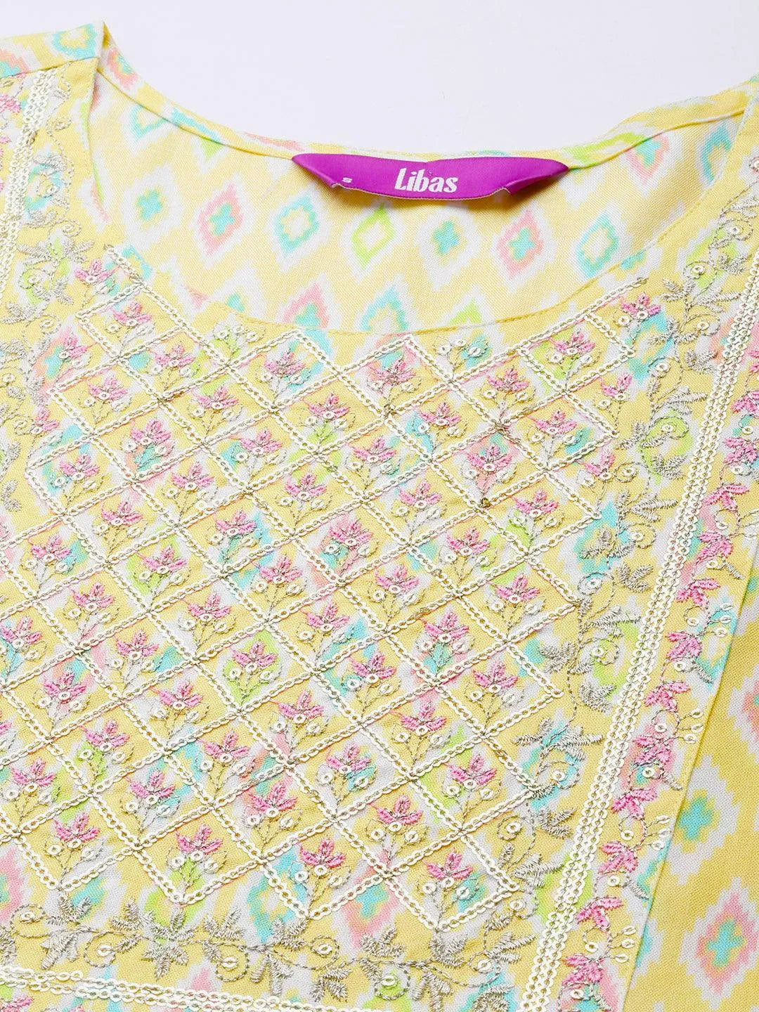 Yellow Printed Rayon A-Line Kurta - Libas