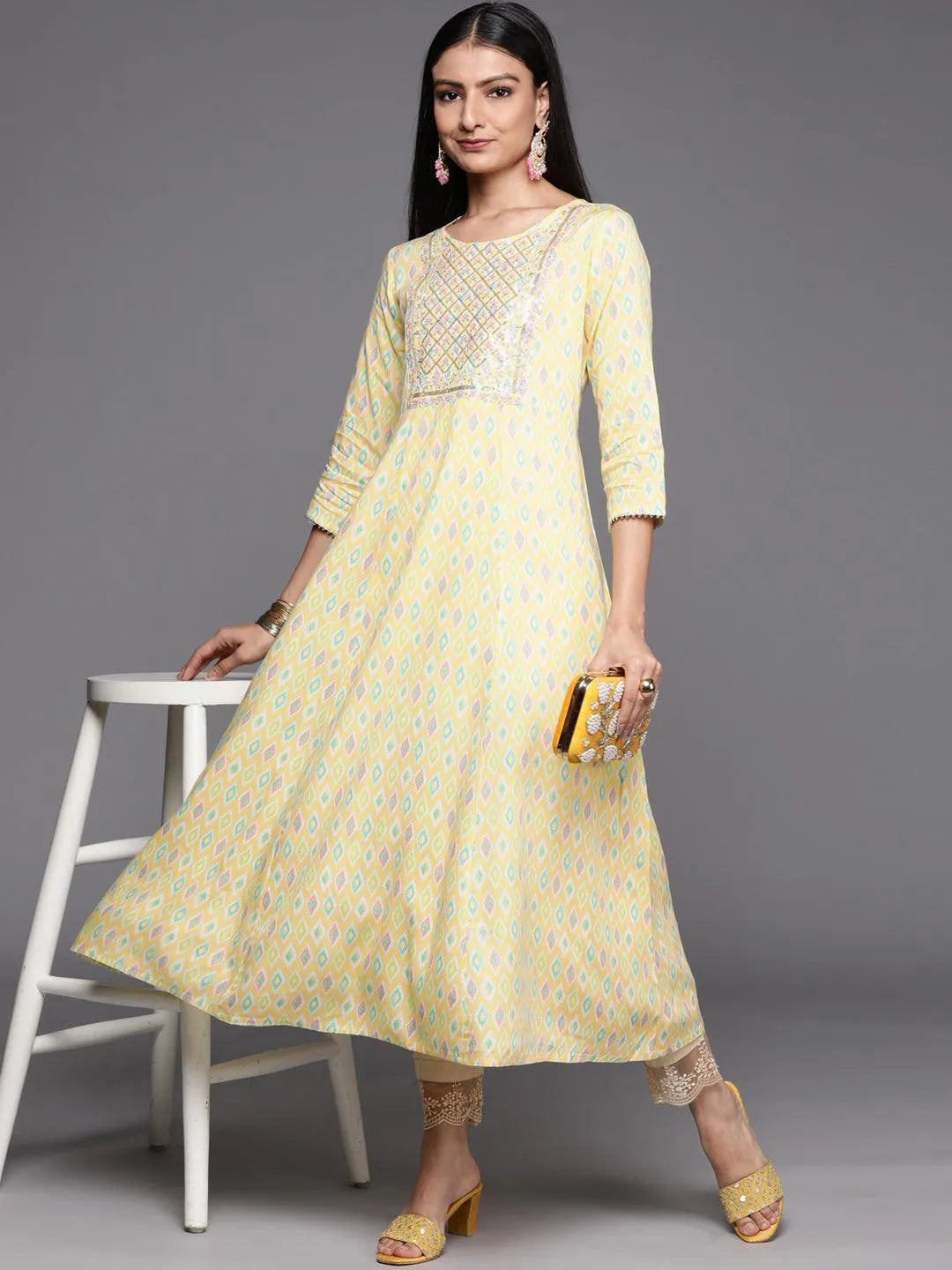 Yellow Printed Rayon A-Line Kurta - Libas