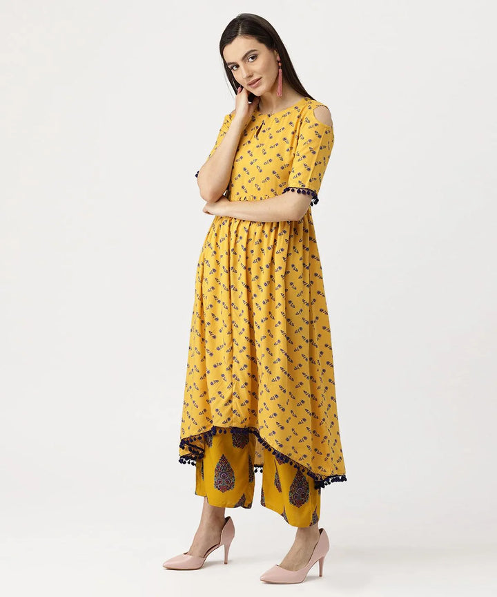 Yellow Printed Rayon Kurta Set - Libas