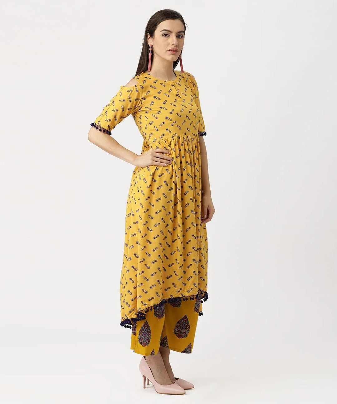 Yellow Printed Rayon Kurta Set - Libas