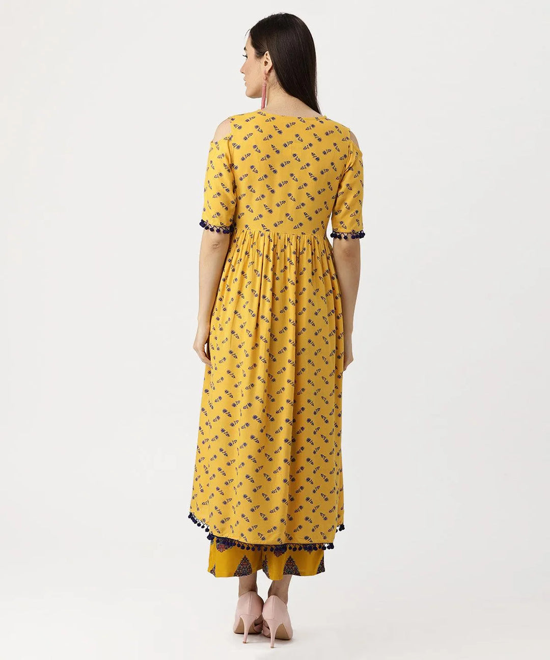 Yellow Printed Rayon Kurta Set - Libas