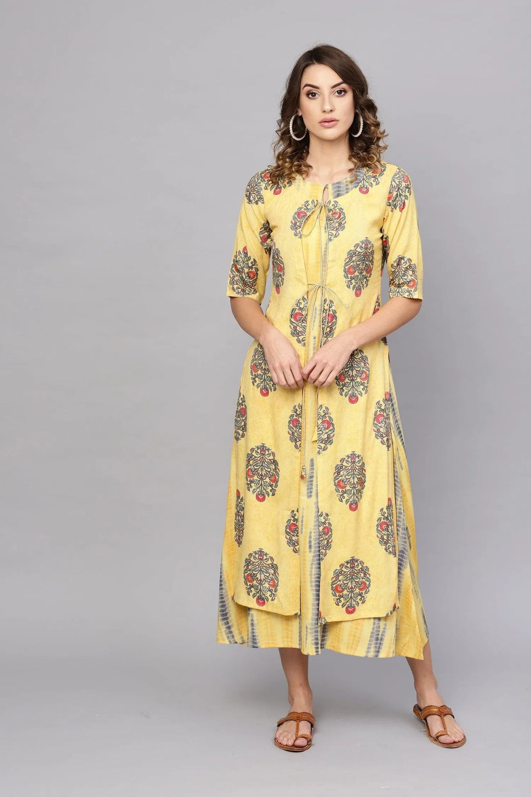 Yellow Printed Rayon Dress With Jacket - Libas 