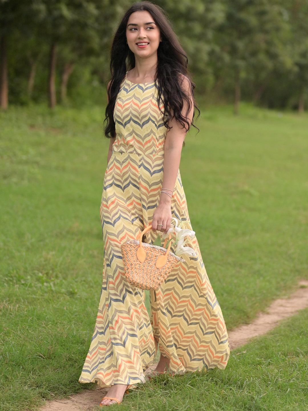 Yellow Printed Rayon Jumpsuit - Libas