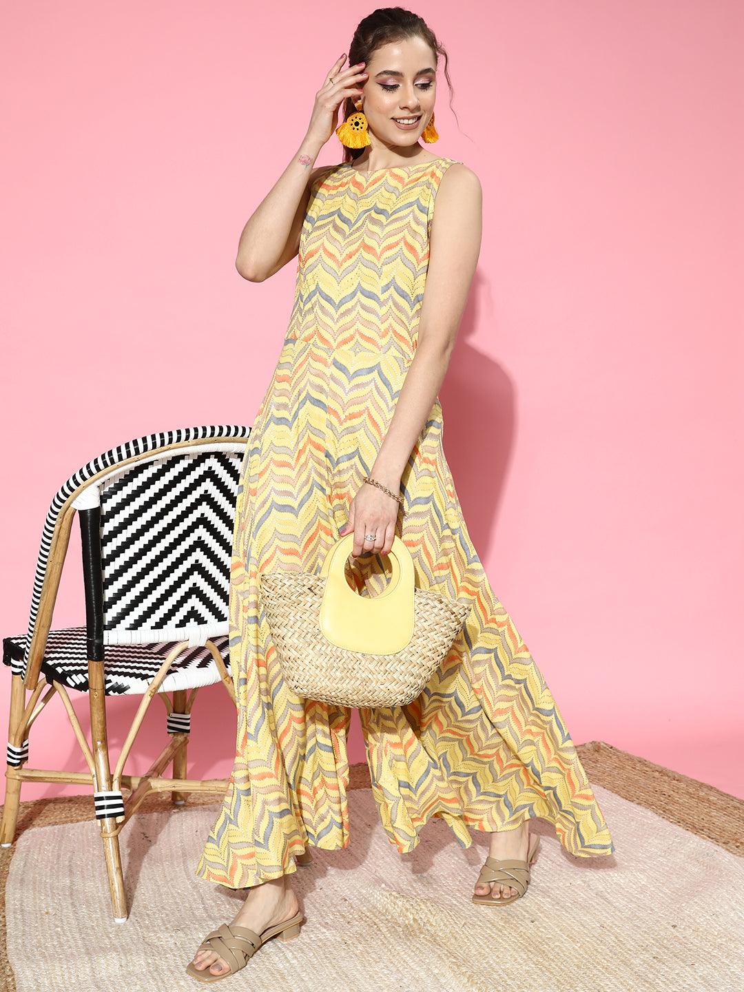 Yellow Printed Rayon Jumpsuit - Libas