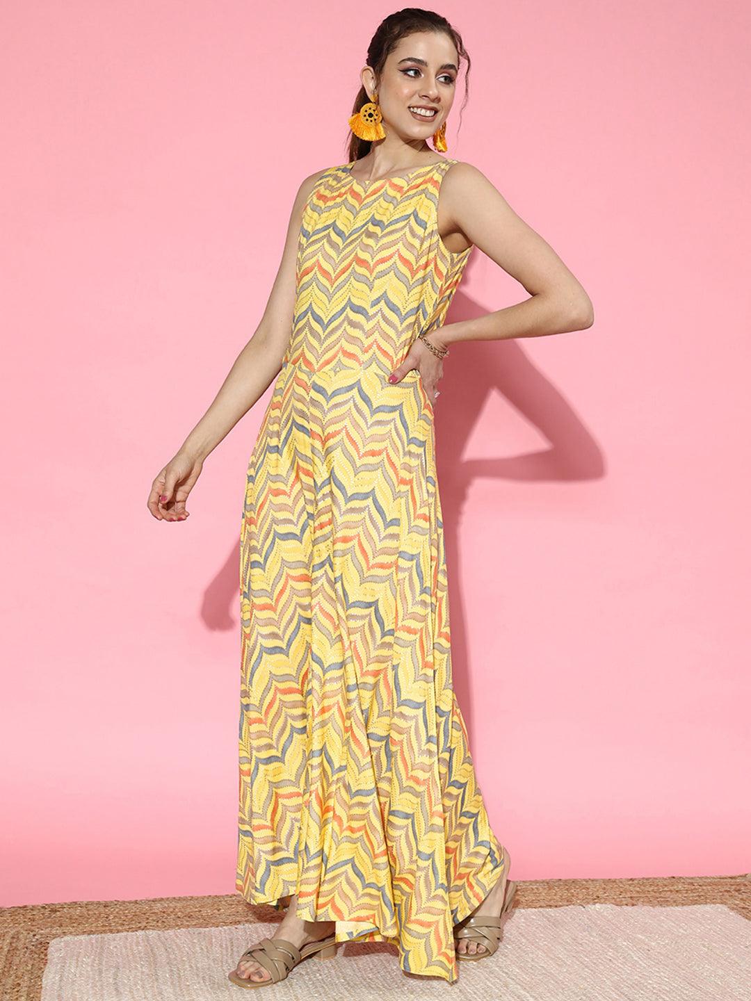 Yellow Printed Rayon Jumpsuit - Libas