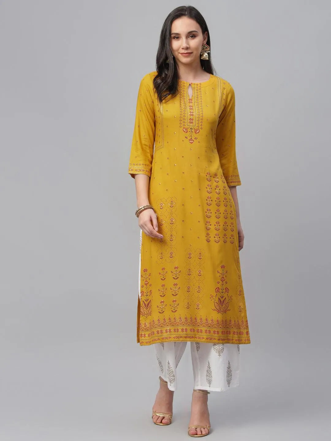 Yellow Printed Rayon Kurta - Libas